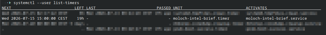 systemctl --user list-timers showing the scheduled run