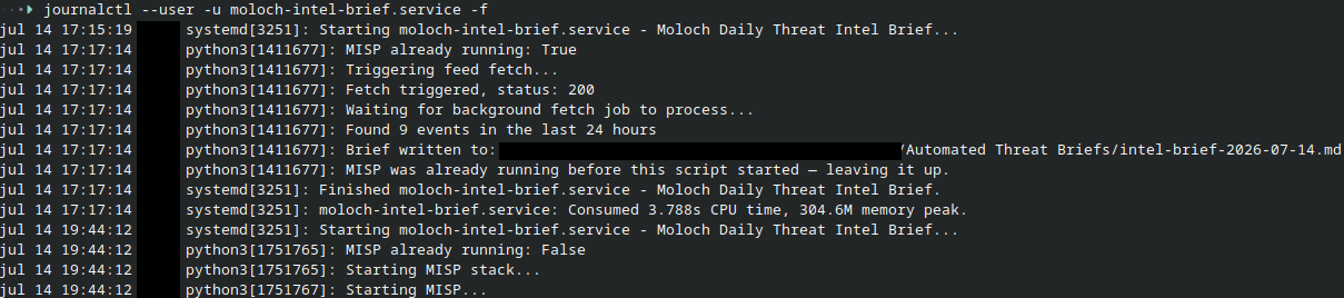 journalctl — MISP startup and readiness wait